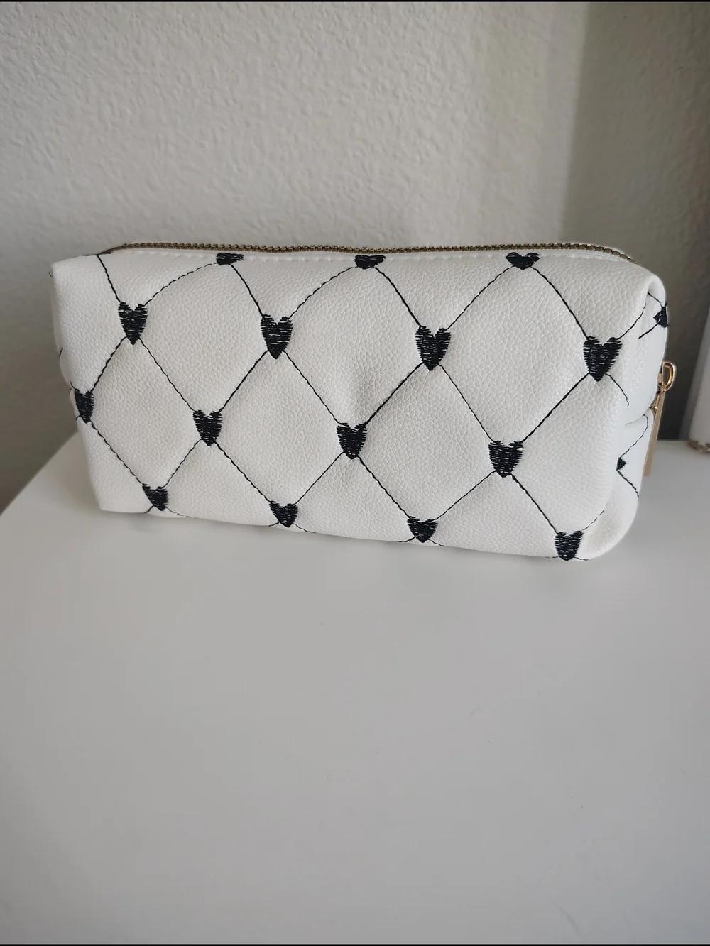 White Quilted Heart Pattern Cosmetic Bag with Gold Zip